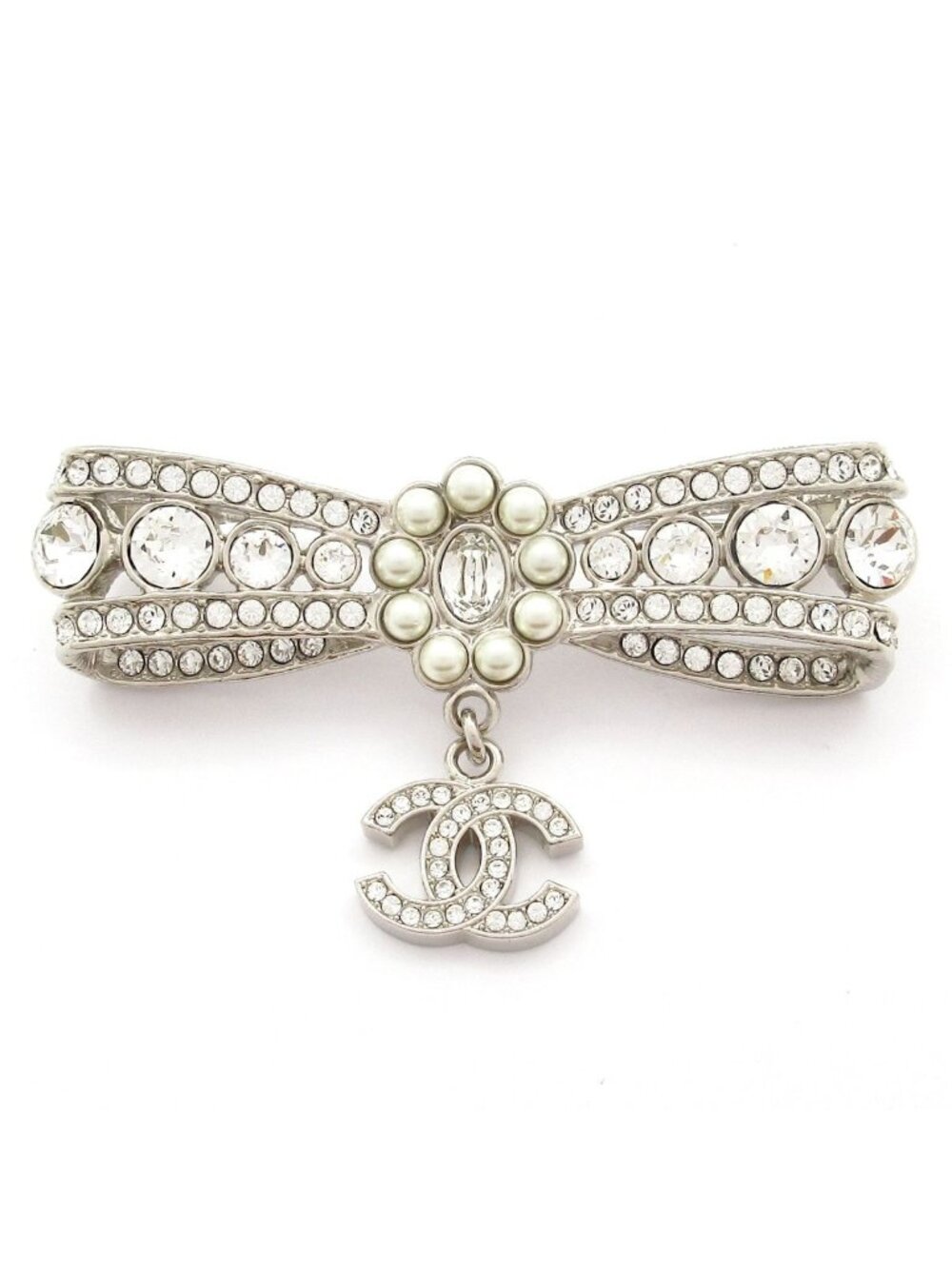 Chanel Brooch CC Logo Silver Clear White Rhinestone Pearl